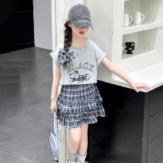 批发女童短袖T恤夏装套装2025夏季新款潮<b class='q'>儿童</b>休闲女孩格子短<b class='q'>裙</b>两件套