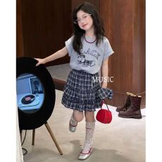 批发女童短袖T恤夏装套装2025夏季新款潮<b class='q'>儿童</b>休闲女孩格子短<b class='q'>裙</b>两件套