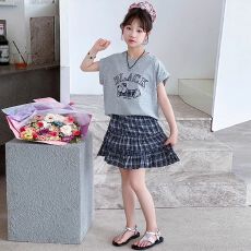 批发女童短袖T恤夏装套装2025夏季新款潮<b class='q'>儿童</b>休闲女孩格子短<b class='q'>裙</b>两件套