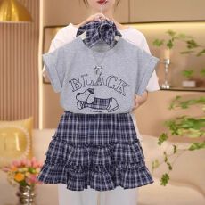 批发女童短袖T恤夏装套装2025夏季新款潮<b class='q'>儿童</b>休闲女孩格子短<b class='q'>裙</b>两件套