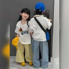 批发原版面料毛巾绣夏季女童斑点狗套装韩版宽松洋气格子阔腿裤两件套