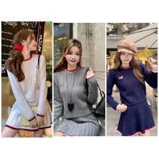 批发洋气刺绣时尚套装女<b class='q'>夏</b>季2025长袖针织上衣高腰A字短裙两件套