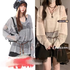 批发美式复古白色<b class='q'>镂空</b>V领<b class='q'>针织</b><b class='q'>罩衫</b>女夏季辣妹修身外穿慵懒风防晒上衣