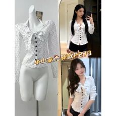 批发甜美风波点蝴蝶结开衫长袖<b class='q'>衬衫</b>韩女收腰显瘦小众设计上衣