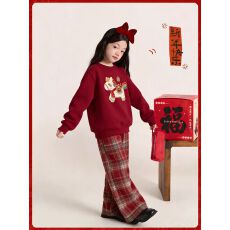 批发女童新年套装秋冬新款儿童女孩国风红色毛衣裤子大童中式马年衣服