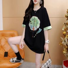 批发新中式短袖<b class='q'>t</b><b class='q'>恤</b>女夏特大码300斤显瘦中长款国风拼接设计感圆领上衣