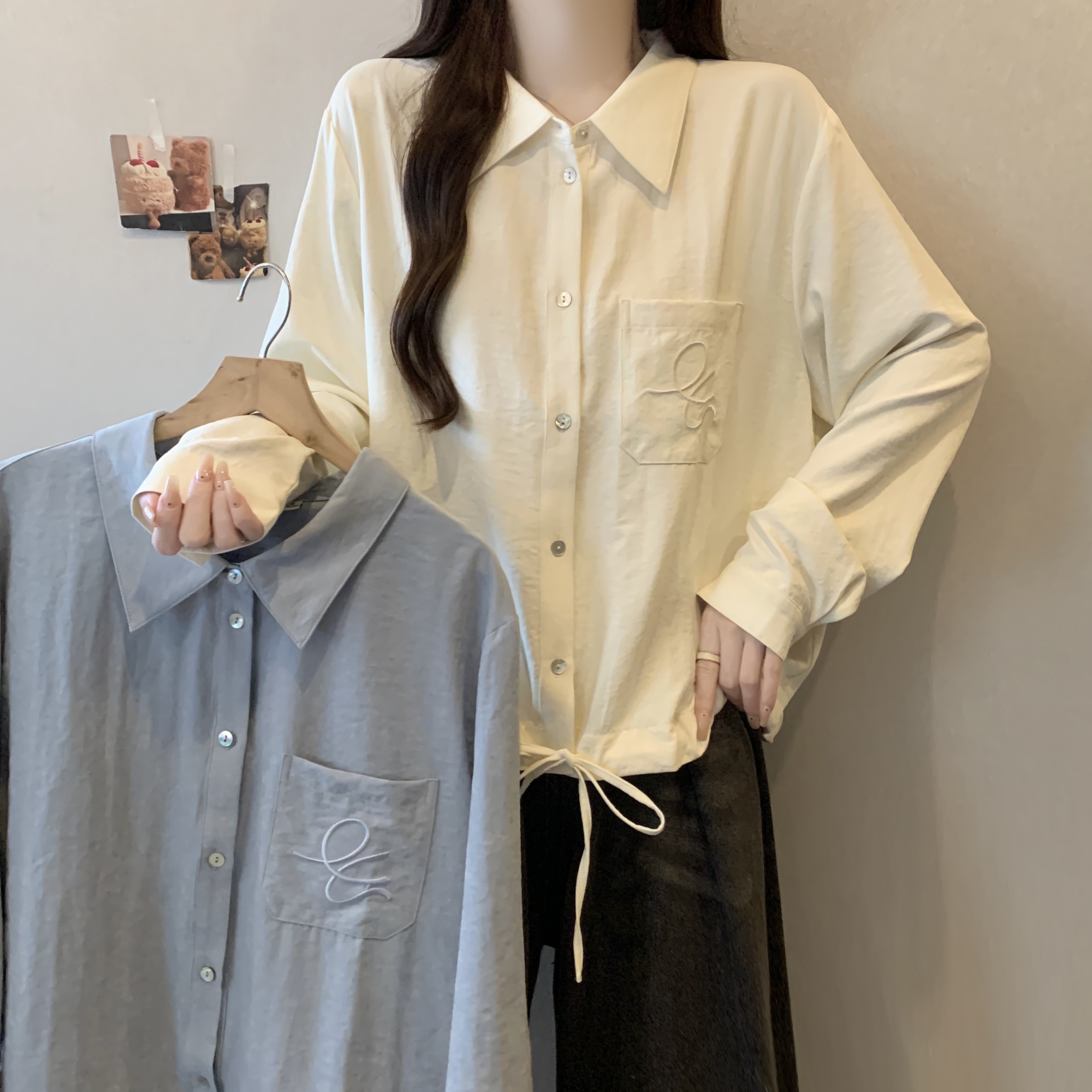 실사 빅 사이즈 지방 mm 루즈핏 봄 여름 새로운 주머니 자수 밑단 펌프 로프 긴팔 셔츠 셔츠