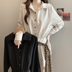 批发实拍~大码胖mm宽松豹纹系带长袖衬衫2025秋冬新款显瘦衬衫裙子