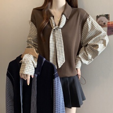 批发实拍~大码胖mm宽松春季新款系带衬衫袖拼接长袖下摆抽绳上衣