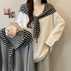 批发实拍~大码胖mm春季新款长袖V领长袖T恤条纹披肩宽松两件套