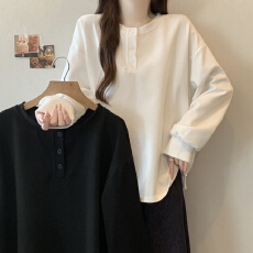 批发实拍~大码胖mm宽松圆领纽扣设计感春季新款长袖休闲上衣