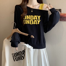 批发实拍~大码胖mm宽松斜肩露肩春季撞色拼接字母印花长袖T恤