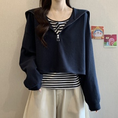 批发实拍~大码胖mm春季新款半拉链卫衣+条纹背心叠穿两件套套装