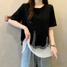 批发实拍~大码胖mm宽松2026夏季新款圆领烫钻拼接假两件百搭短袖T恤