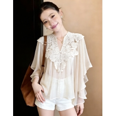 批发实拍~大码胖mm2026新款蕾丝拼接设计感飞飞袖气质<b class='q'>小衫</b>衬衫上衣
