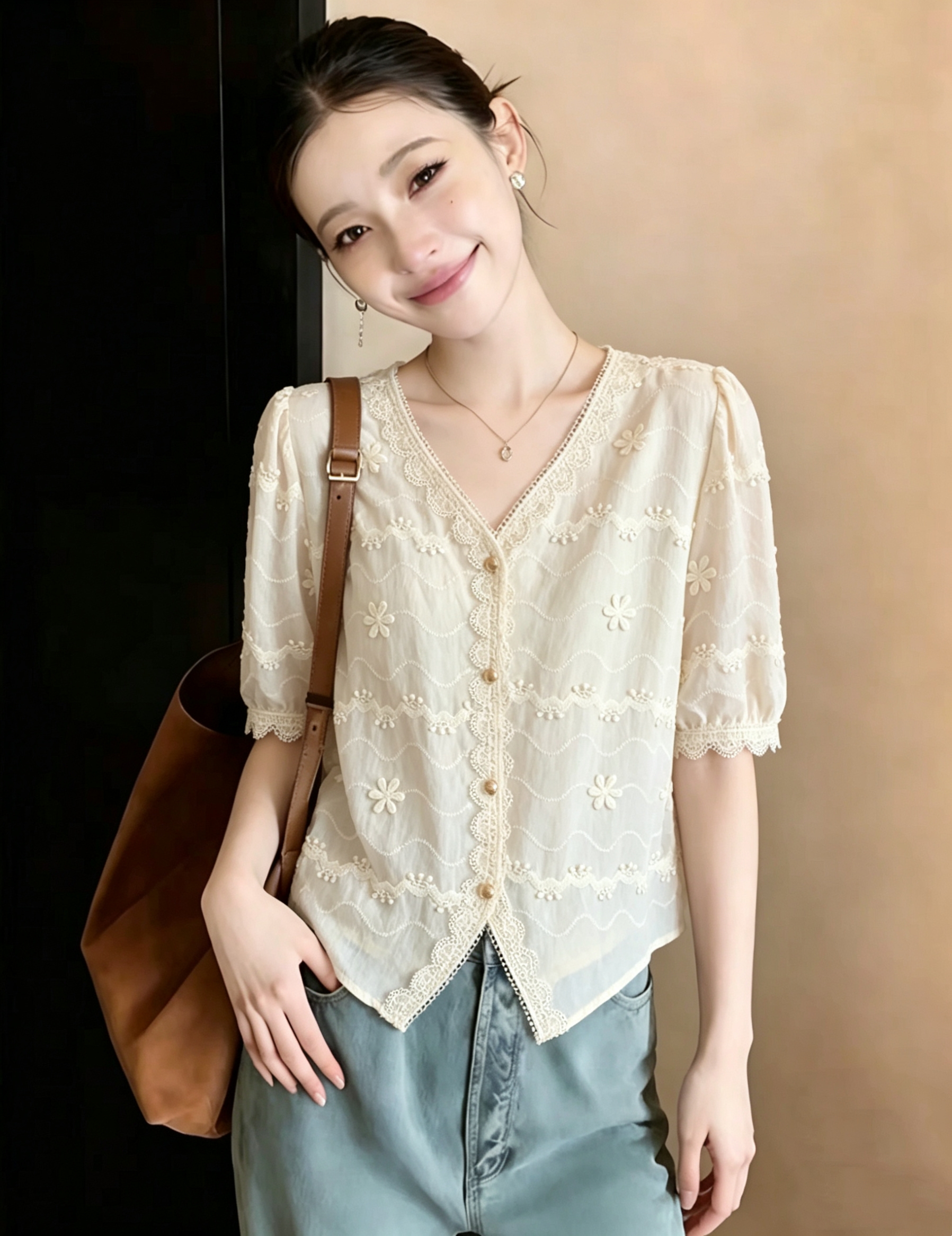 실사 빅 사이즈 지방 mm 루즈핏 새로운 한국 스타일 다용도 V넥 패치워크 반팔 여성 셔츠 패션 맨위
