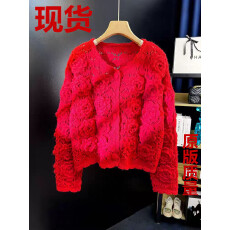 批发红色毛衣手钩<b class='q'>镂空</b>立体玫瑰花朵羊毛针织<b class='q'>开衫</b>女V领春秋外搭