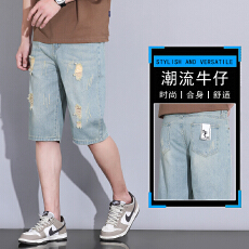 批发2025夏季新怀旧蓝破洞牛仔短裤夏季新款宽松直筒中裤休闲五分裤子