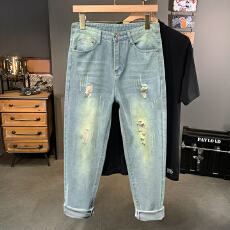 批发2025夏季新款哈伦破洞牛仔裤男士时尚修身九分裤男士百搭休闲裤子