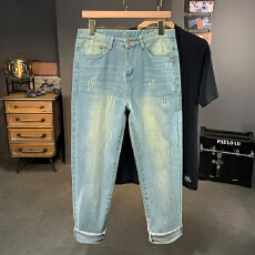 批发2025夏季新款哈伦破洞牛仔裤男士时尚修身九分裤男士百搭休闲裤子