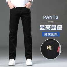 批发春夏新款刺绣牛仔裤男士直筒修身弹力黑色裤子男款水洗休闲牛仔裤