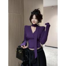 批发秋冬新品时尚设计感领系带韩系百搭<b class='q'>V领</b>显瘦上衣女