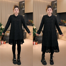 批发加绒盘扣连衣裙冬季显瘦新中式提花蕾丝长裙