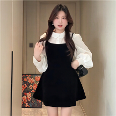 批发大码法式温柔风套装裙冬季微胖MM小个子长袖衬衫叠穿<b class='q'>吊带</b>裙两件套