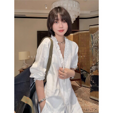 批发法式优雅V领花边麻料白色<b class='q'>长袖</b>衬衫女早春韩系宽松显瘦气质上衣