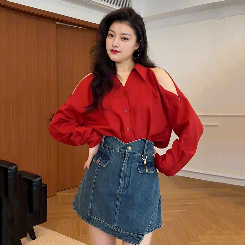 빅 사이즈 항구 바람 레트로 오프숄더 빨간색 여성 셔츠 이른 봄 새로운 지방 mm 고유 한 Chic 아름다운 디자인 센스 맨위