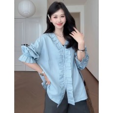 批发大码<b class='q'>女装</b>法式蓝色木耳边V领<b class='q'>衬衫</b>女2026春季新款胖mm长袖宽松<b class='q'>衬衣</b>