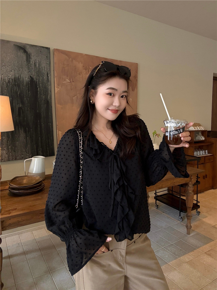 대 부드럽게 소스 빅 사이즈 여성 의류 마이크로 지방 자매 mm 도트 무늬 긴팔 여성 셔츠 프랑스식 품격 V넥 프릴 맨위