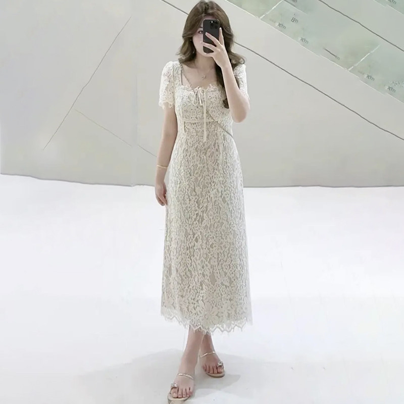 빅 사이즈 여성 의류 지방 mm 프랑스식 광장 칼라 레이스 자수 드레스 2026 여름 품격 슬림해 보이는 표지 고기 길다 치마