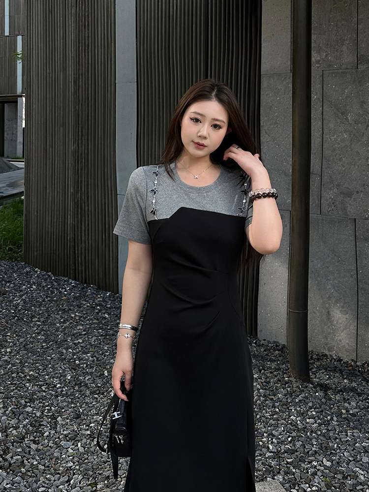 빅 사이즈 여성 의류 진짜 착용 종류 페이크 레이어드 허리 수축 슬림해 보이는 품격 드레스