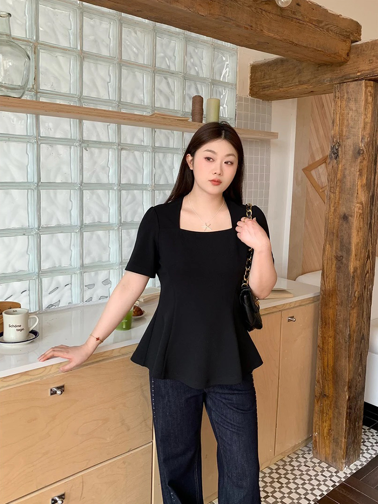 광장 칼라 긍정적 인 어깨 반팔 티셔츠 여름 허리 수축 슬림해 보이는 맨위