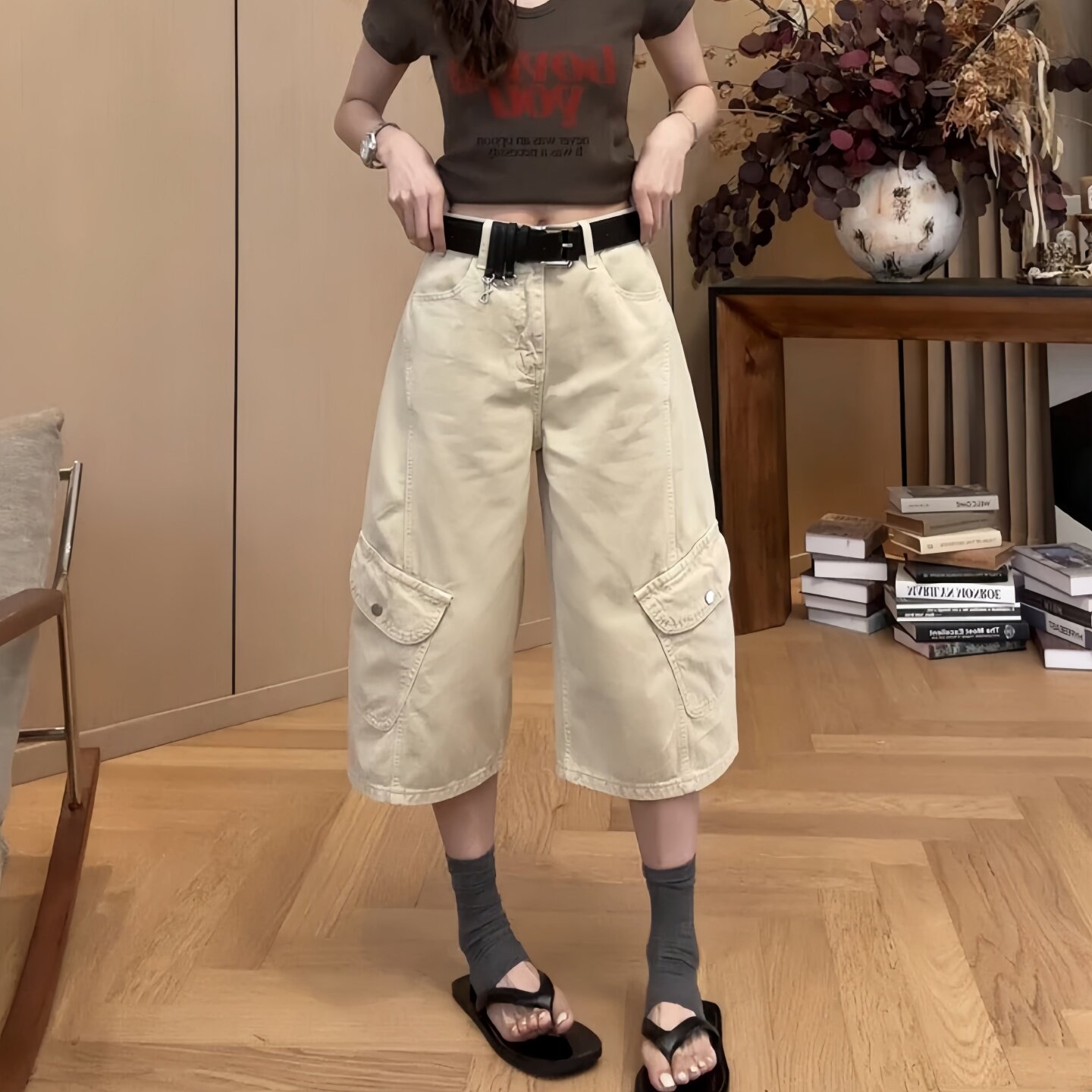 워크웨어 바람 하이웨이스트 넓은 다리 7부 바지 여성 2026 여름 빅 사이즈 지방 mm 새로운 다용도 운동 잘 생긴 캐주얼 바지