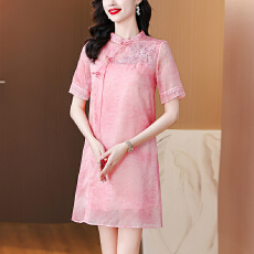 批发2025新款真丝<b class='q'>欧根纱</b>连衣裙女夏季新款小个子新中式国风桑蚕丝裙