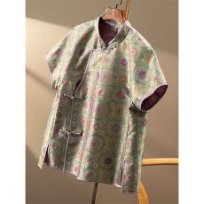 批发2025高奢新中式重磅<b class='q'>真丝</b>蜀锦<b class='q'>旗袍</b>领短袖衬衫女