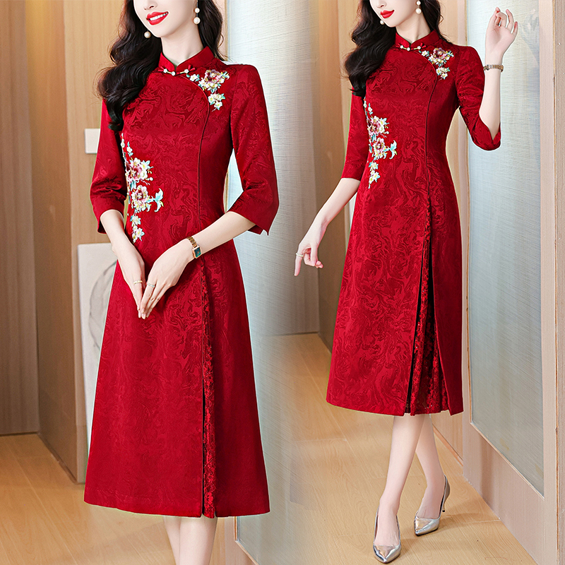 MY13851# 女裝貨源高端婚礼妈妈礼服高贵年轻旗袍喜婆婆婚宴装长袖连衣...
