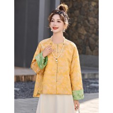 批发新中式国风宋锦圆领盘扣外套女原创设计<b class='q'>黄色</b>复古洋气休闲宽松上衣