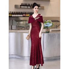 批发高端喜婆婆婚宴装亮片酒红色修身鱼尾裙参加婚礼妈妈礼服裙主持人