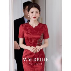 批发高贵年轻喜婆婆婚宴装2026新款红色妈妈婚宴礼服新中式旗袍连衣裙