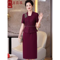 批发喜婆婆婚宴礼服平时可穿2026<b class='q'>新款</b>喜妈妈假两件套遮肚子短袖连衣裙