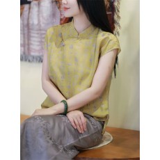 批发中式国风<b class='q'>女</b>装2026新款夏季新款改良唐装真丝上衣复古立领旗袍短袖