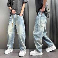批发美式新款<b class='q'>日系</b>牛仔裤男春秋款潮牌拼接阔腿裤<b class='q'>复古</b>水洗宽松直筒裤