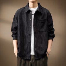 批发高级感日系竹节纹衬衫外套男士春<b class='q'>秋</b>宽松新款复古上衣工装长袖衬衣