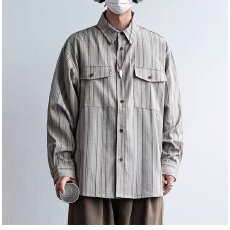批发外套男新款<b class='q'>日系</b><b class='q'>复古</b>条纹长袖工装衬衫男女同款秋季宽松衬衣薄外套