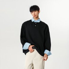 批发假两件美式polo衫<b class='q'>男</b>女款成熟稳重长袖t恤<b class='q'>衬衫</b>领重磅潮牌情侣卫衣