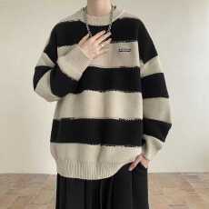 批发毛衣男撞色条纹慵懒风ins潮牌情侣冬季宽松套头<b class='q'>针织衫</b>毛线衣百搭