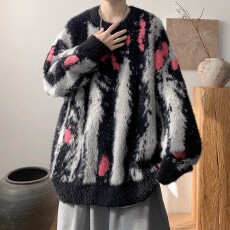 批发海毛扎染毛衣男新款美式潮牌加厚慵懒宽松<b class='q'>针织衫</b>外套男女同款百搭